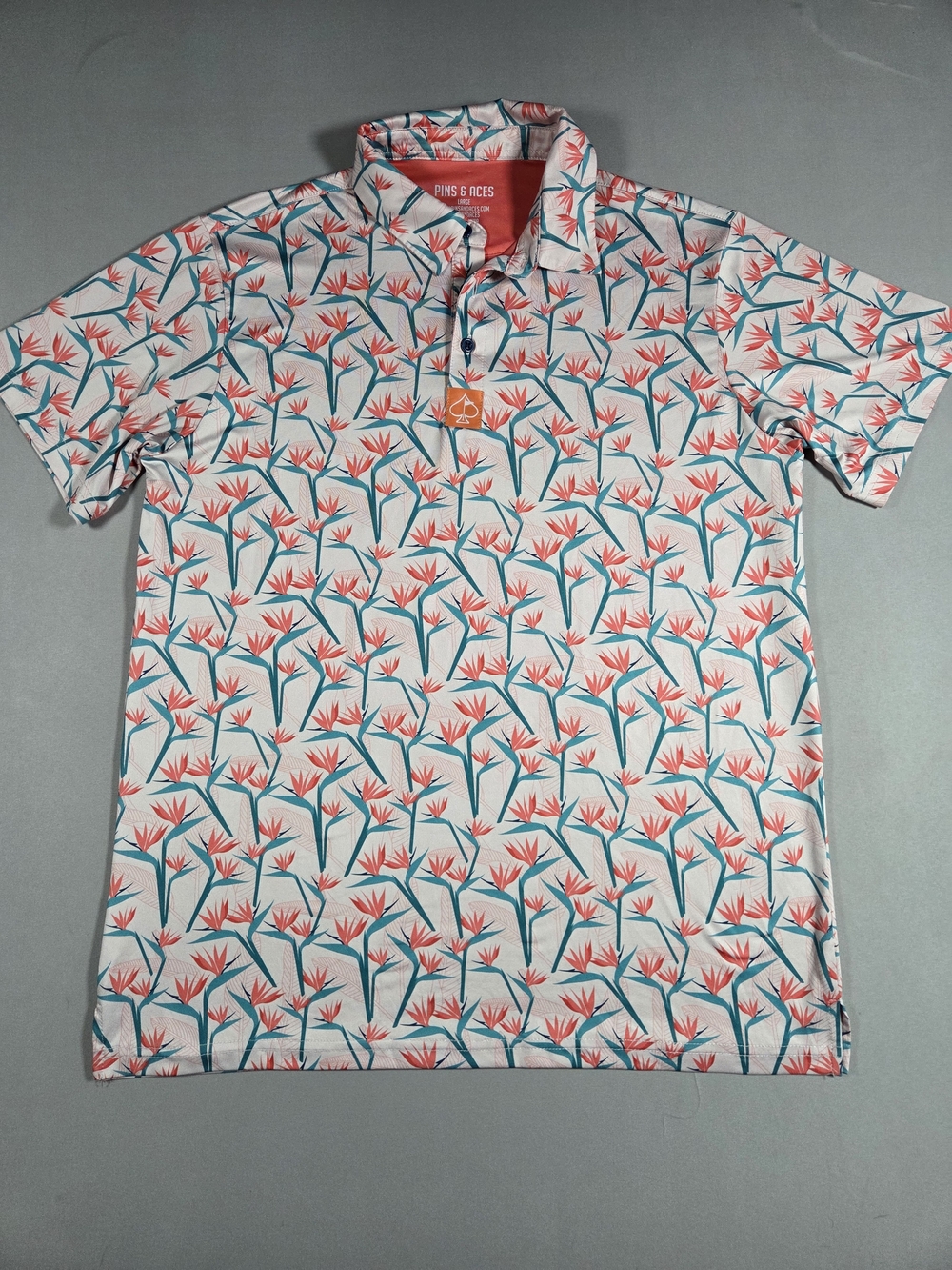 Pins & Aces Men’s Coral & Teal Floral Golf Polo Shirt Size Large